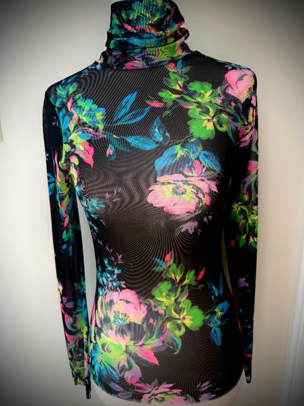AFRM Black Sheer Mesh Stretch Neon Floral Blue, Green, Pink Mockneck  Turtleneck